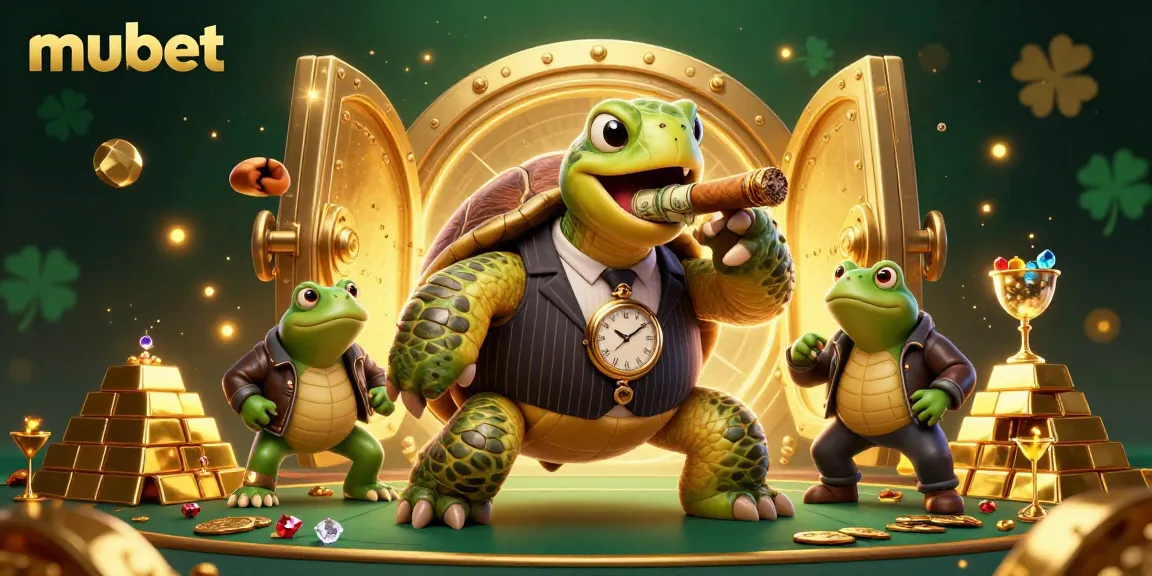 Engage in thrilling casino action with mubet's vibrant cartoon scene featuring a stylish snapping turtle and bullfrog enforcers.