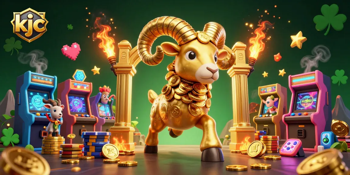 KJC offers immersive gambling adventures amidst a vibrant casino scene with a gold ram and arcade machines.