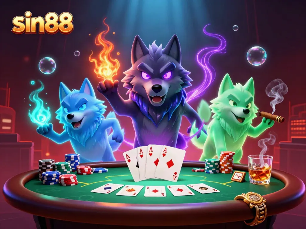 Engage in thrilling poker action with sin88, showcasing a mystical wolf leader and vibrant gameplay elements.