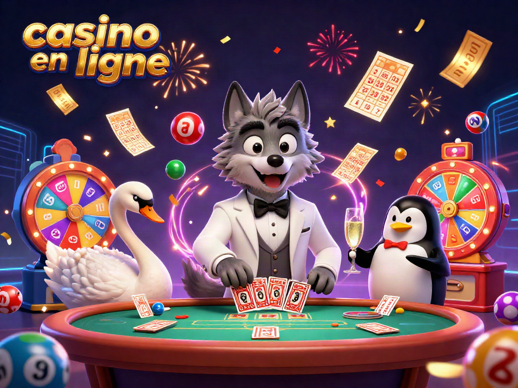 Jouez à des jeux passionnants de casino en ligne avec un loup élégant et un cygne à une table.