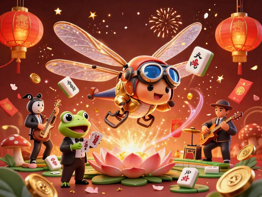 Win big with mubet as a dragonfly pilot hovers above a lively lily pad casino scene.