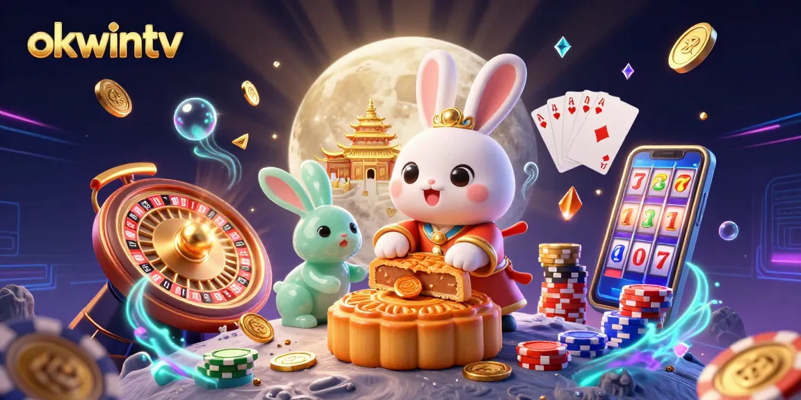 okwintv showcases a dynamic 3D scene with a moon rabbit, poker chips, and lively casino elements.