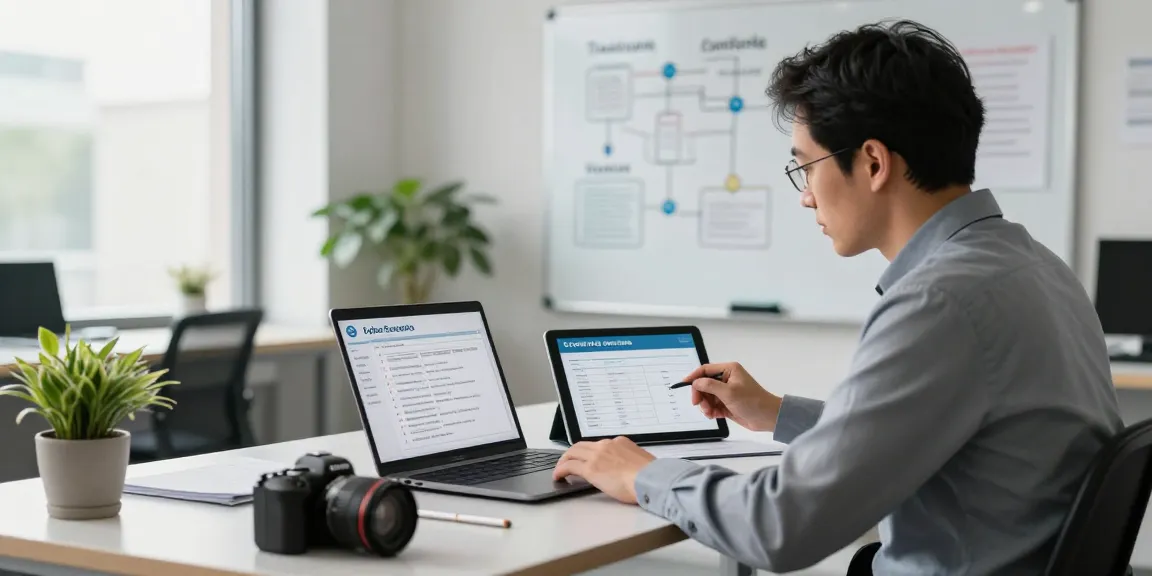 Cyber Essentials assessor reviewing compliance reports in a modern office environment with a focused atmosphere.