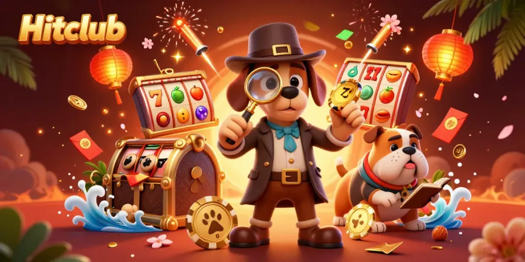 Hitclub detectives analyze poker chips amidst lively casino elements for an engaging gaming atmosphere.