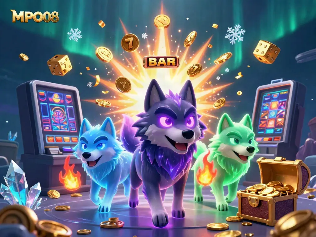 Experience thrilling gaming with MPO08's dynamic casino scene featuring glowing wolves and jackpot visuals.
