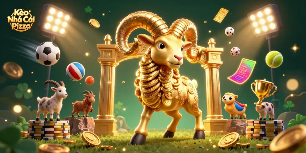 Kèo Nhà Cái Pizza showcases a golden ram charging through a thrilling sports betting scene filled with dynamic elements.