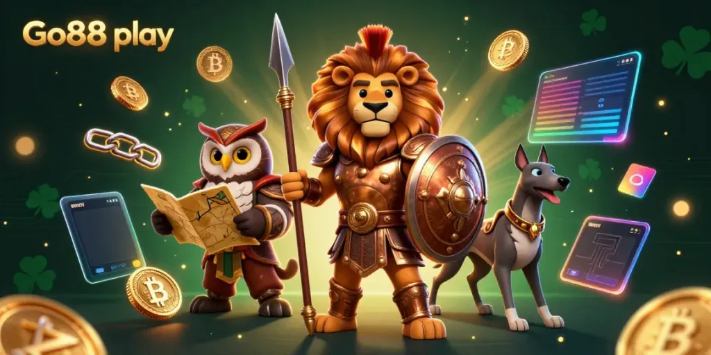 Engage with Go88 play in this vibrant illustration featuring dynamic 3D characters surrounded by neon crypto elements.