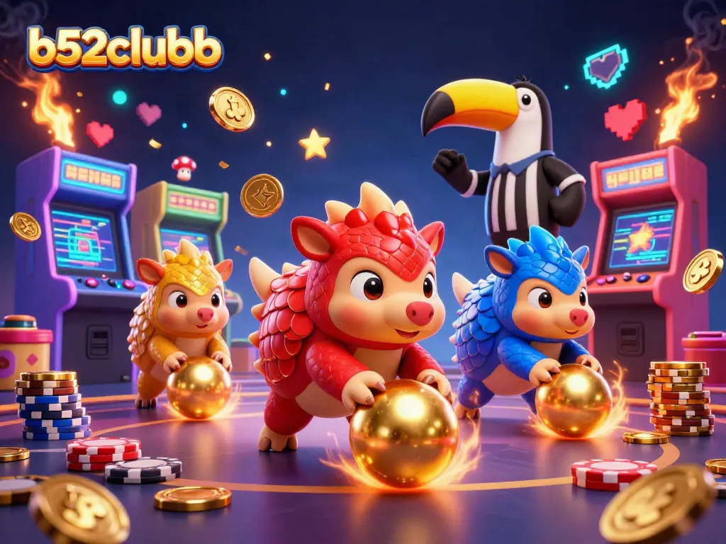 Engage in thrilling gameplay with b52clubb featuring animated pangolins and poker chips in a vibrant 3D casino!