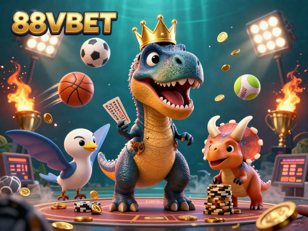 Engage with 88VBET's dynamic betting experience featuring a cartoon T-Rex, sports elements, and vibrant casino visuals.