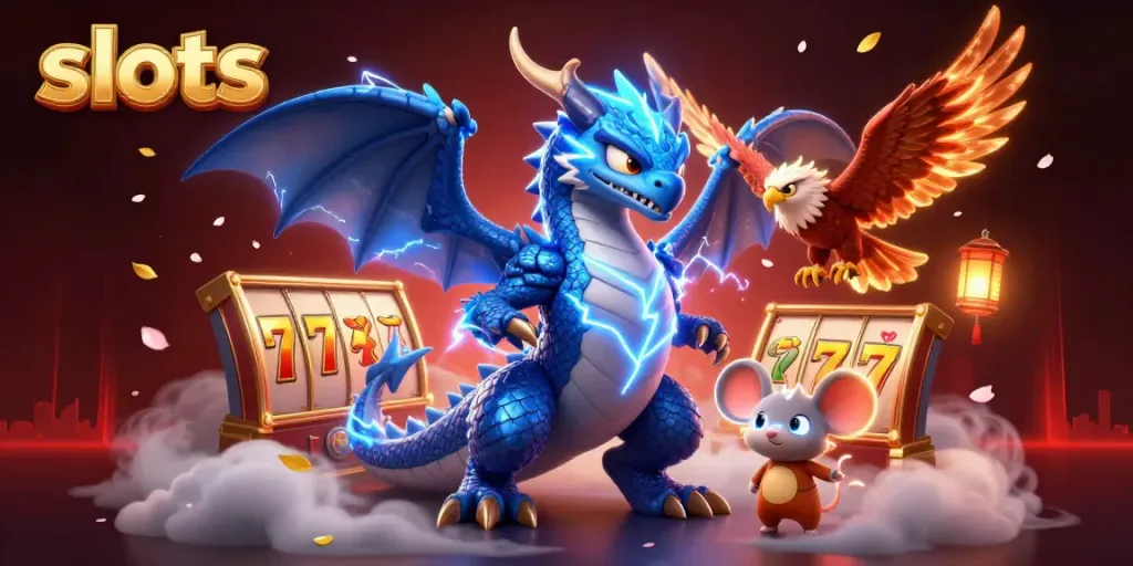 Engaging slots illustration with a thunder dragon, hawk, and jackpot symbols creating a vibrant casino scene.
