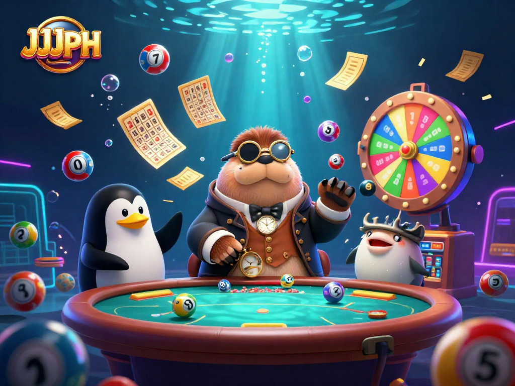 Experience thrilling gameplay at JJJPH with a jolly walrus and friends bluffing at the poker table.