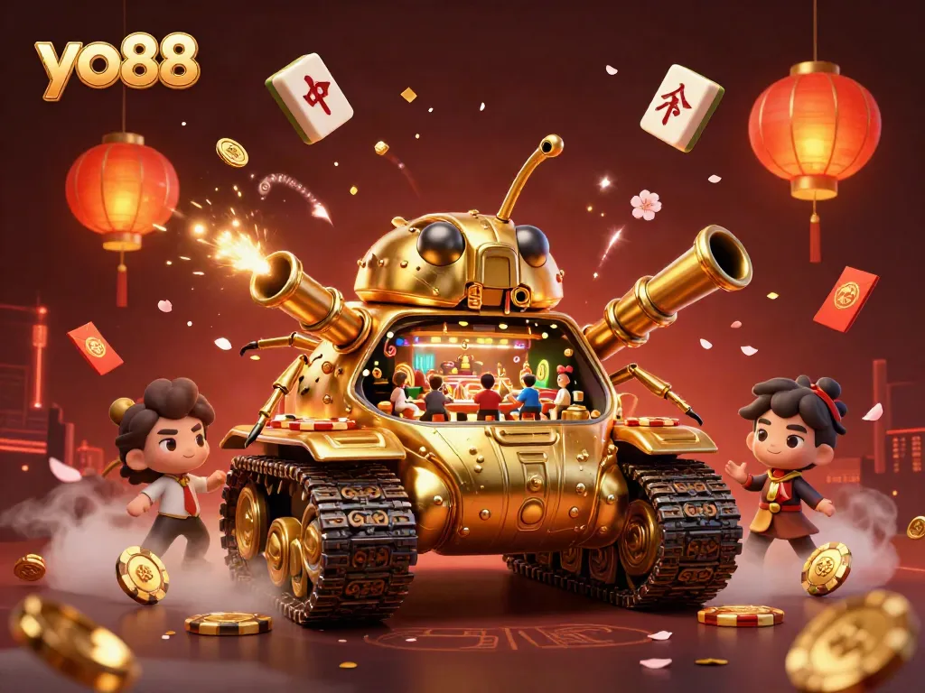 Experience the thrilling games at yo88 with a vibrant illustration of a miniature casino inside a golden beetle tank.