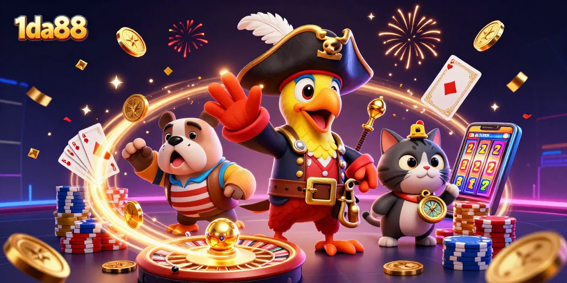 Spin and win at 1da88 with a vibrant scene of casino excitement, showcasing a pirate captain, bulldog, and cat