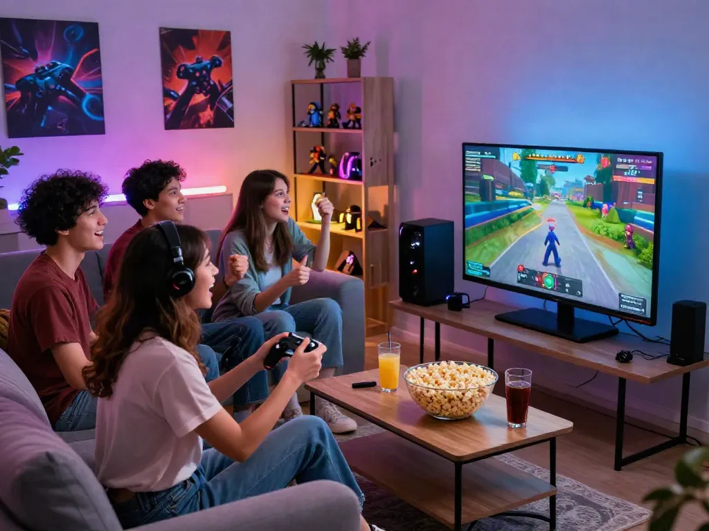 Engaging gaming session showcasing qqmacan link with friends in a modern living room.