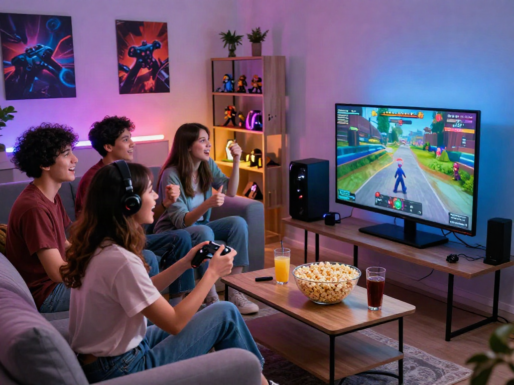 Engaging gaming session showcasing qqmacan link with friends in a modern living room.