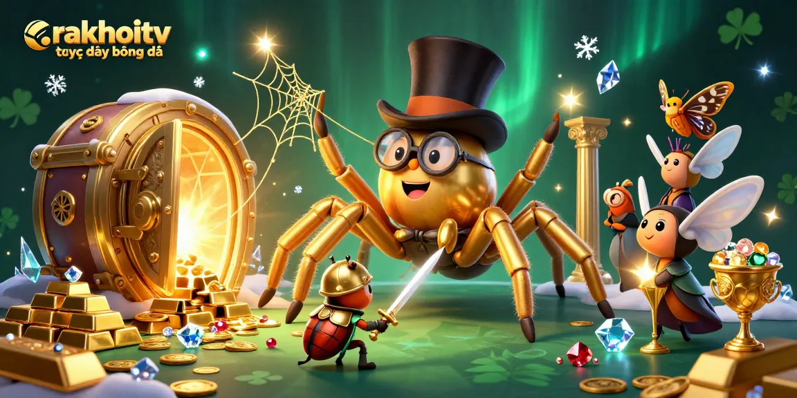 Experience rakhoitv trực tiếp bóng đá with stunning visuals of a golden tarantula weaving amongst treasures in a casino setting.