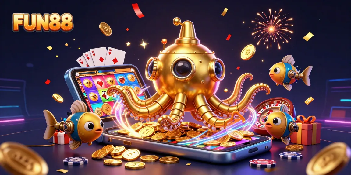 Engage with FUN88 in a vibrant, 3D casino world showcasing slots, cards, and festive elements.