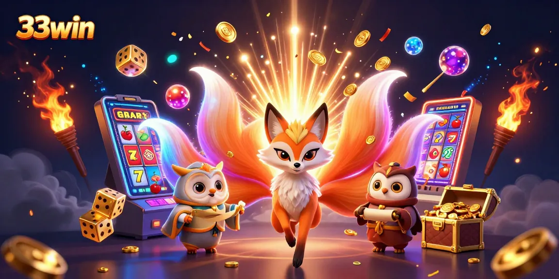 Engage with intense gaming action at 33win, featuring a vibrant nine-tailed fox and a jackpot burst of coins.