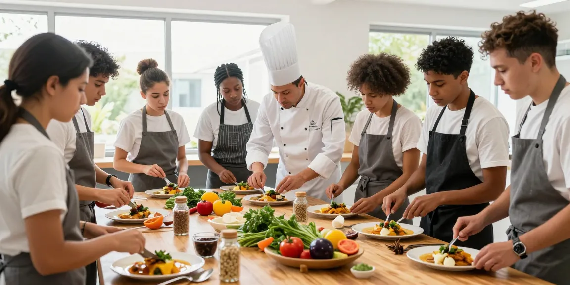 Destiny Calling culinary students learning French gastronomy techniques in vibrant classroom setting.