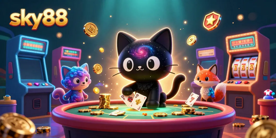 Engage with sky88's exciting gaming experience illustrated by a cosmic casino scene featuring captivating characters.