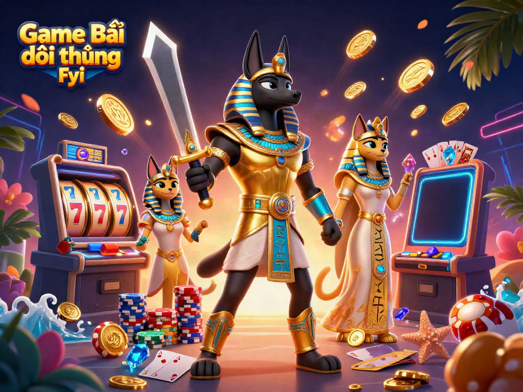 Engage with Game Bài Đổi Thưởng Fyi through vibrant slot machines, golden coins, and dynamic casino elements.