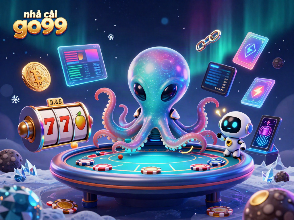 Play at nhà cái go99 with vibrant alien characters at a holographic poker table amidst cosmic casino chaos.