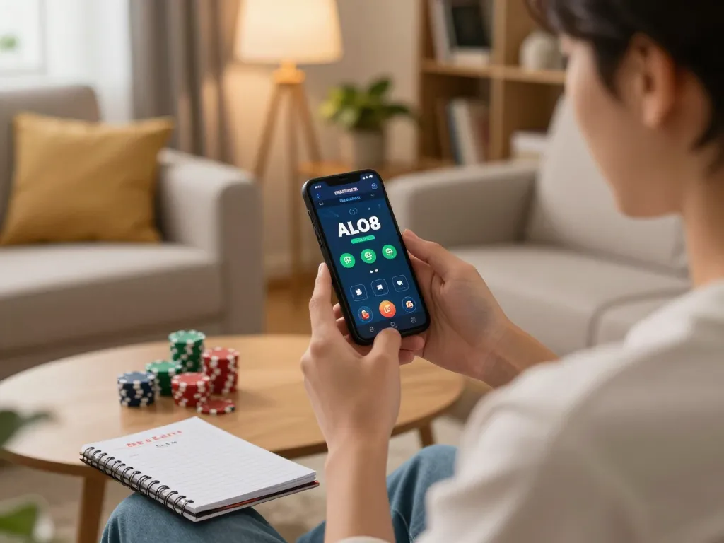 Player engaged in an ALO8 online gaming session on a smartphone, showcasing a cozy home setup with chips and strategy notes.