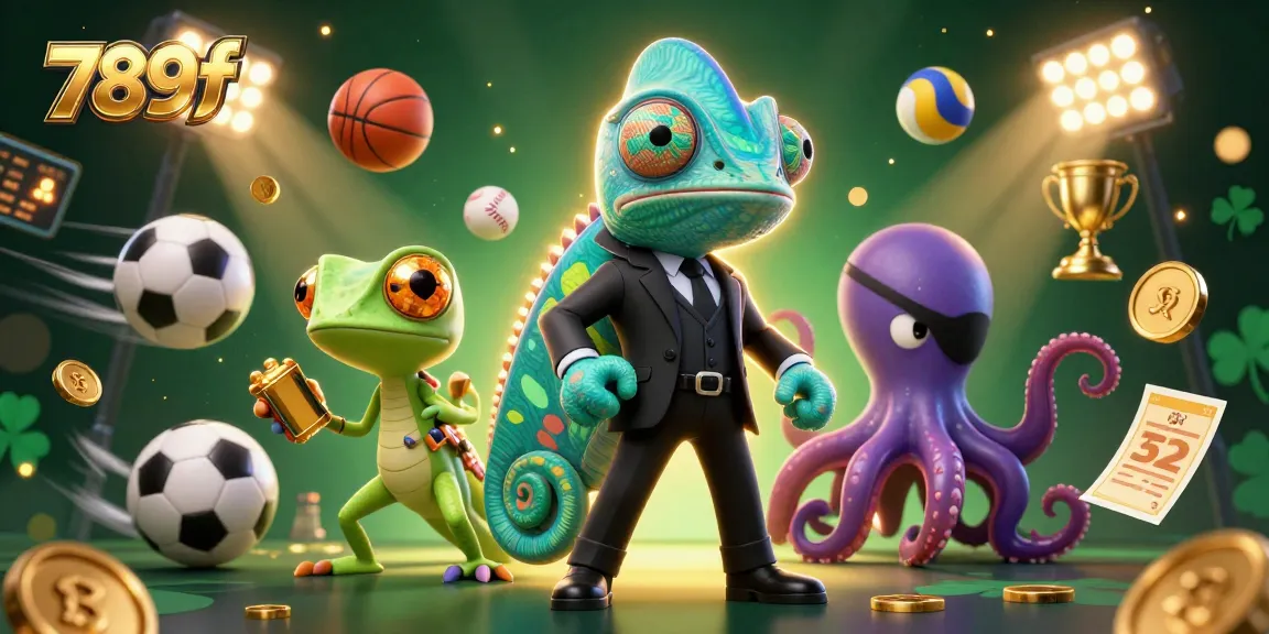 Engage with 789f's dynamic sports betting scene featuring a colorful chameleon agent amidst action.