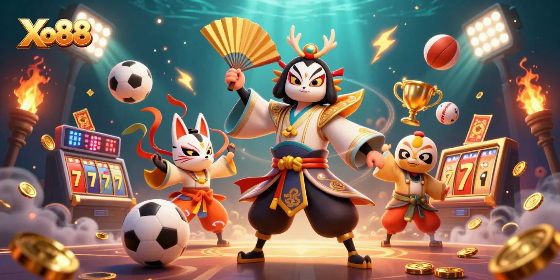 Xo88 casino scene with a kabuki warrior and vibrant gaming elements, showcasing sports balls and reels.