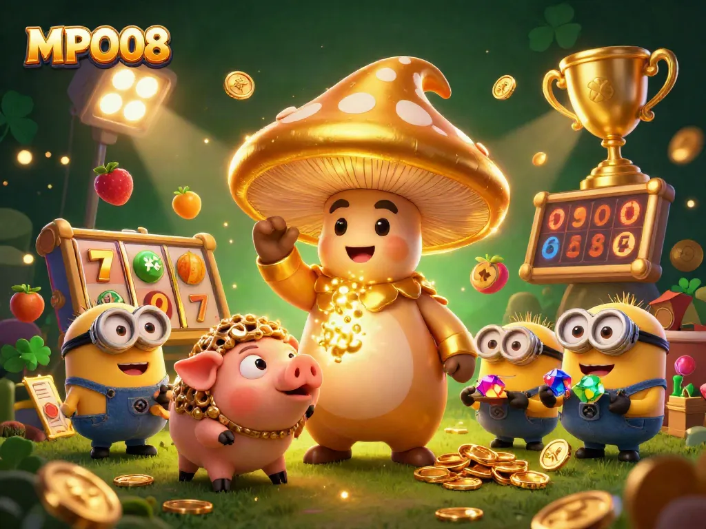 MPO08 illuminates excitement with a golden wizard and characters in a vibrant casino adventure.