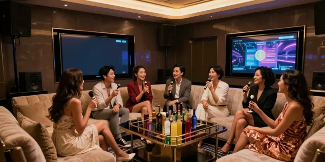 강남 세이렌에서 즐거운 시간을 보내는 친구들, 고급스러운 분위기와 조명으로 가득한 라운지 장면