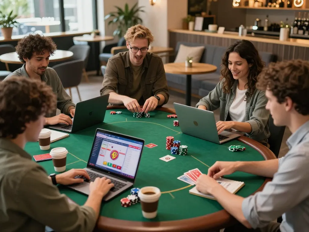 Players strategizing online casino games with xx88 on their laptops, capturing excitement and engagement.