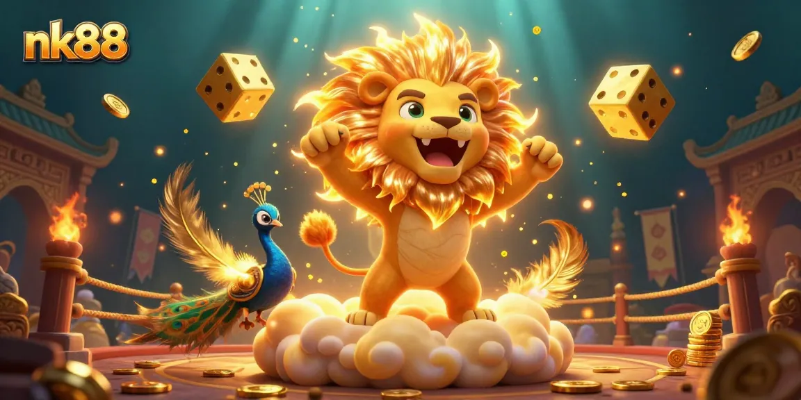 Feel the thrill of nk88 with a vibrant 3D casino scene bursting with energy and golden tokens.