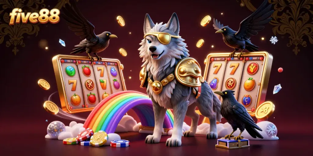 Experience thrilling slots action with five88's vibrant Norse-themed illustration featuring Odin and golden casino elements.