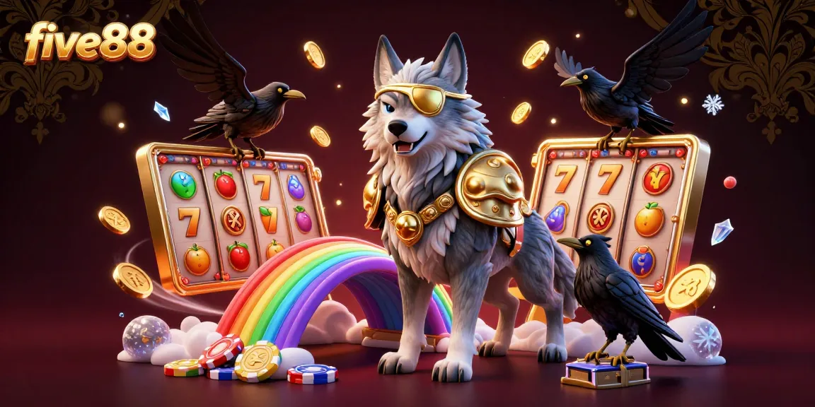 Experience thrilling slots action with five88's vibrant Norse-themed illustration featuring Odin and golden casino elements.