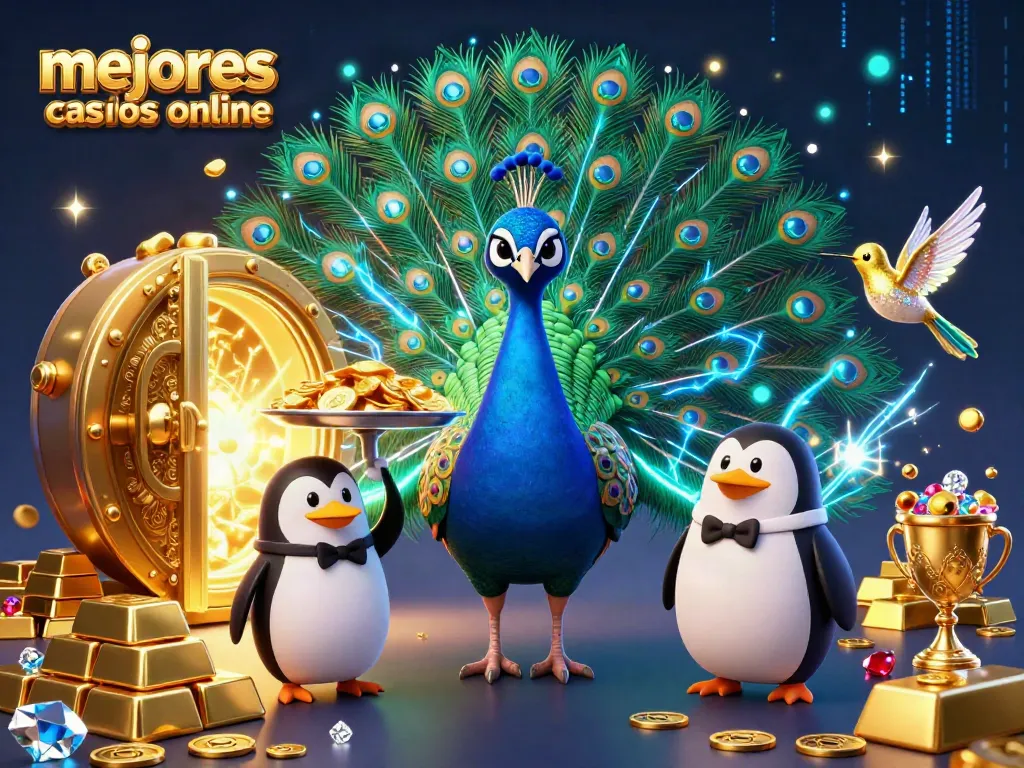 Disfruta de los mejores casinos online mientras un pavo real muestra su esplendor en un mundo de joyas.