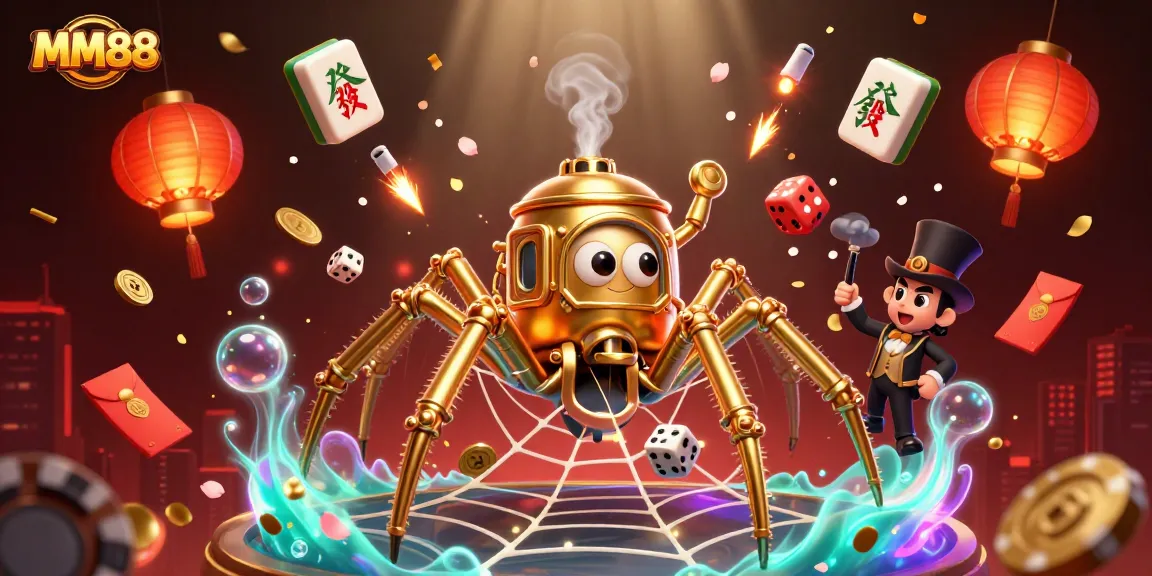 Engage in thrilling gameplay at MM88 amidst a vibrant steampunk casino scene featuring golden spider and flying gentleman.