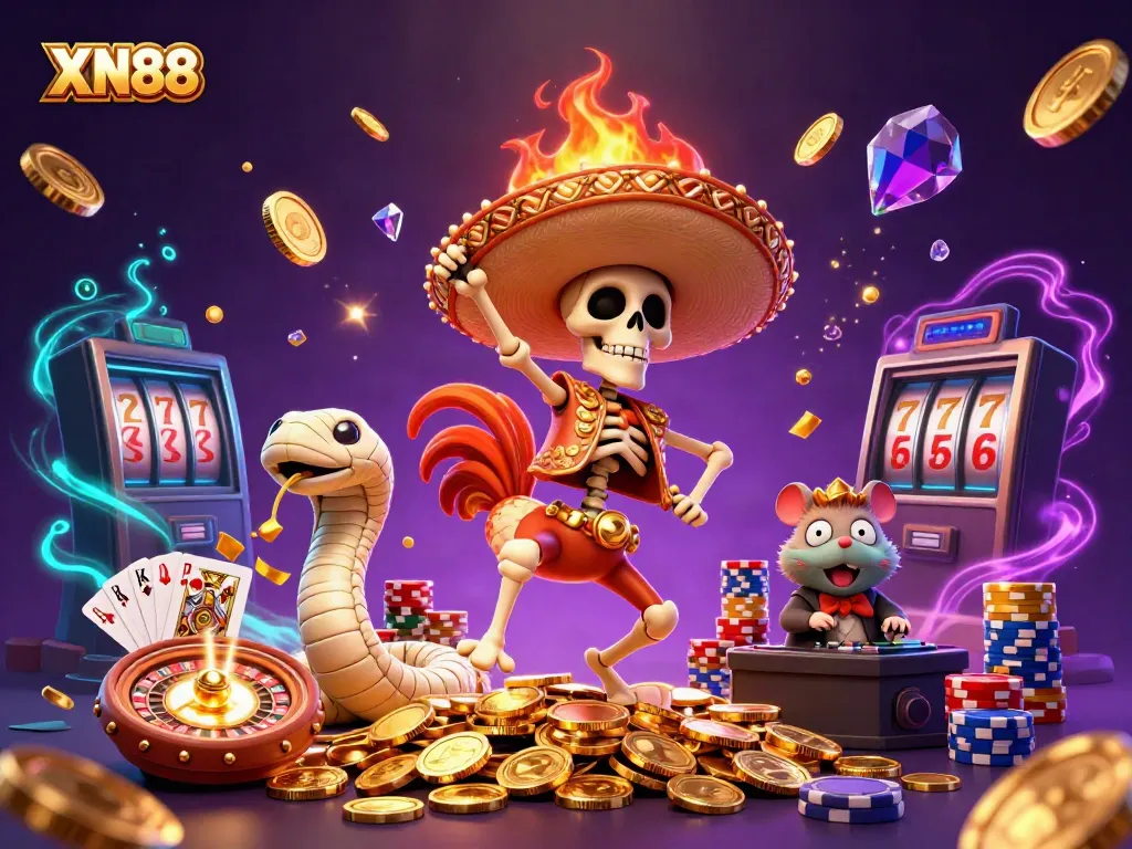 Experience winning with XN88's thrilling casino adventure featuring vibrant characters and dynamic game elements.