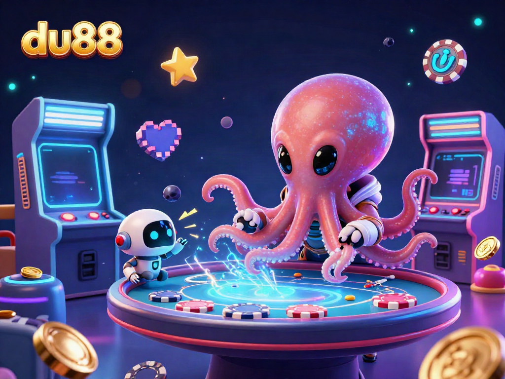 Experience the vibrant action at du88 with an alien octopus entertaining at a holographic poker table amidst a cosmic arcade backdrop.