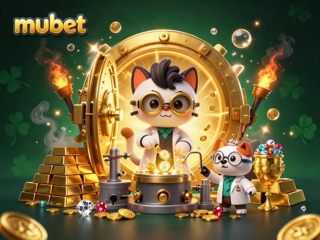 Play and win with mubet in this vibrant 3D casino illustration filled with golden treasures and excitement.