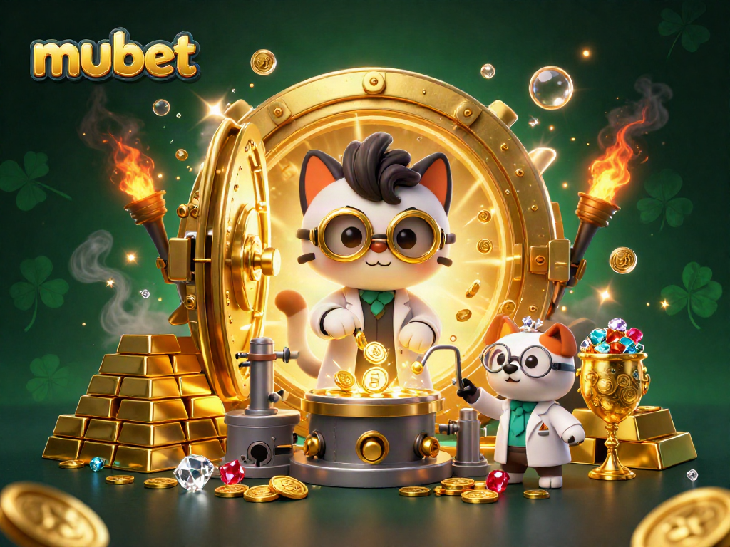 Play and win with mubet in this vibrant 3D casino illustration filled with golden treasures and excitement.
