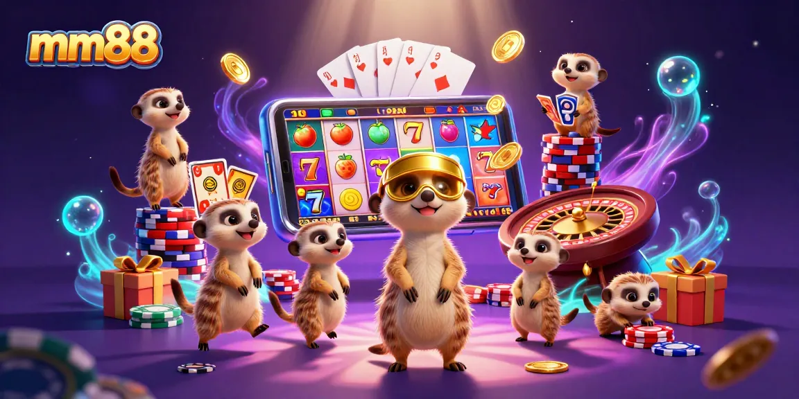 Experience the excitement of mm88 with meerkats managing a vibrant casino scene full of games and rewards.