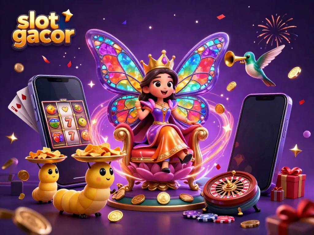 Experience the vibrant world of slot gacor with a magical butterfly queen amidst casino elements.