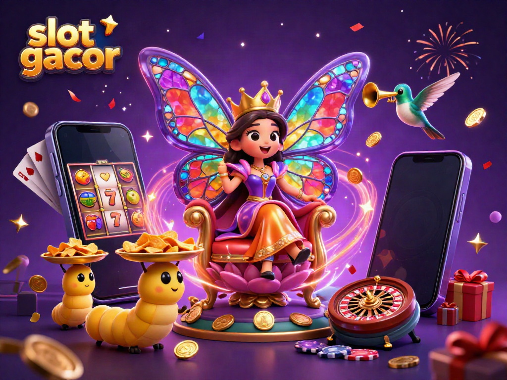 Experience the vibrant world of slot gacor with a magical butterfly queen amidst casino elements.