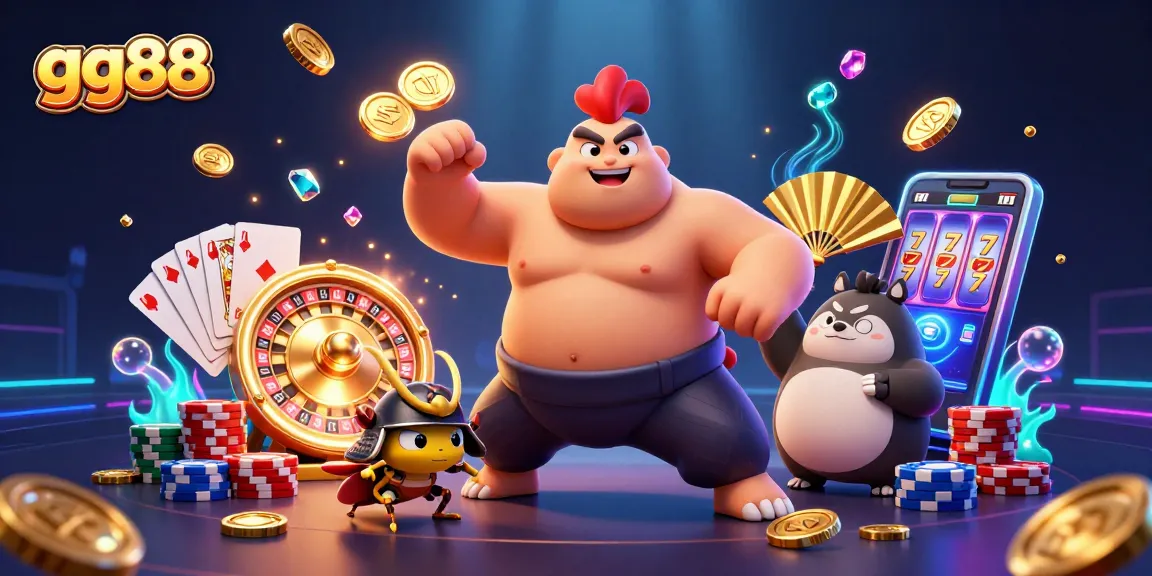 Engage with gg88 gaming excitement, depicted through a powerful sumo rooster and fierce cricket in a vibrant casino-themed scene.