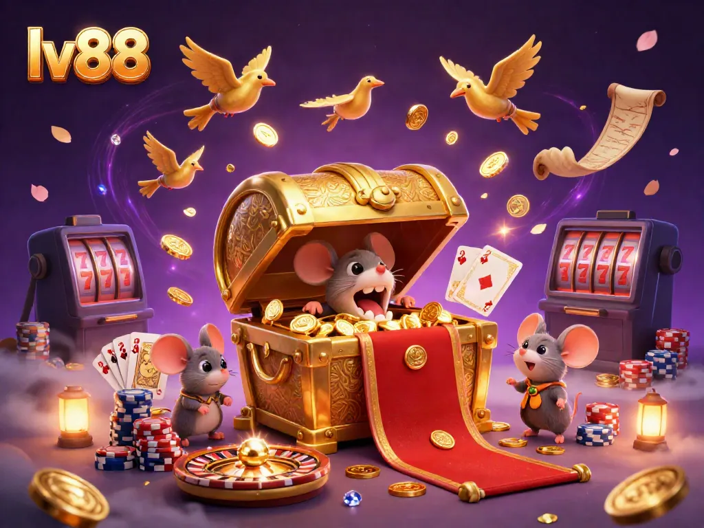 Spinning roulette wheel and golden treasure chest in dazzling lv88 casino scene with vibrant elements.