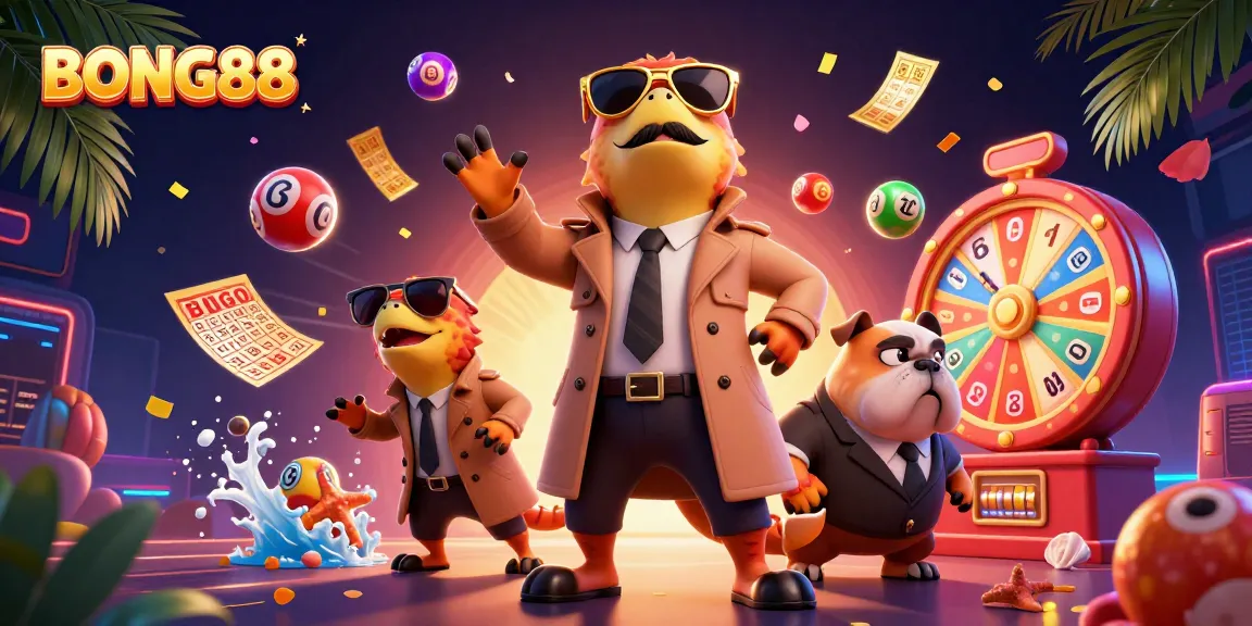 BONG88 showcases a humorous scene with raptors and a bulldog bouncer in a vibrant casino setting.