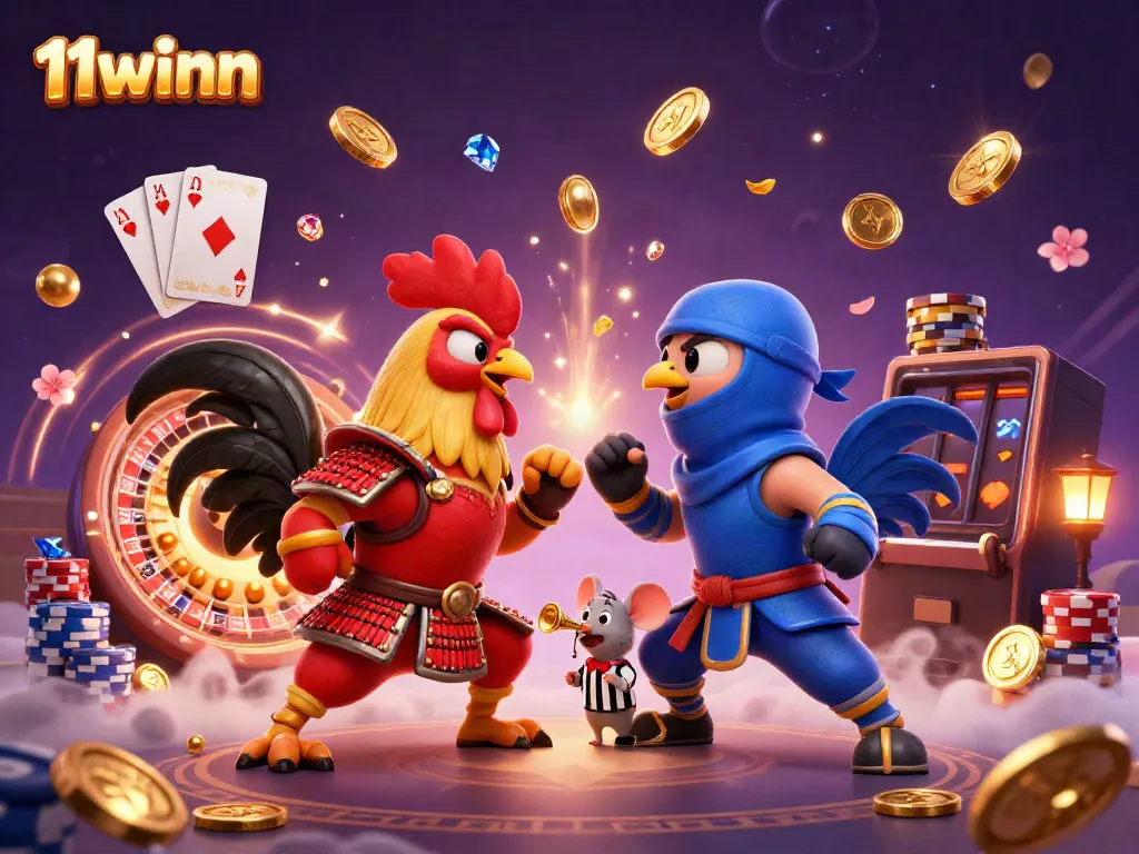 Engage in thrilling gameplay on 11winn with an epic rooster duel among golden casino elements.