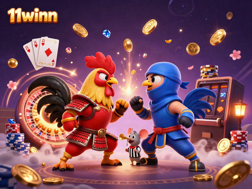 Engage in thrilling gameplay on 11winn with an epic rooster duel among golden casino elements.