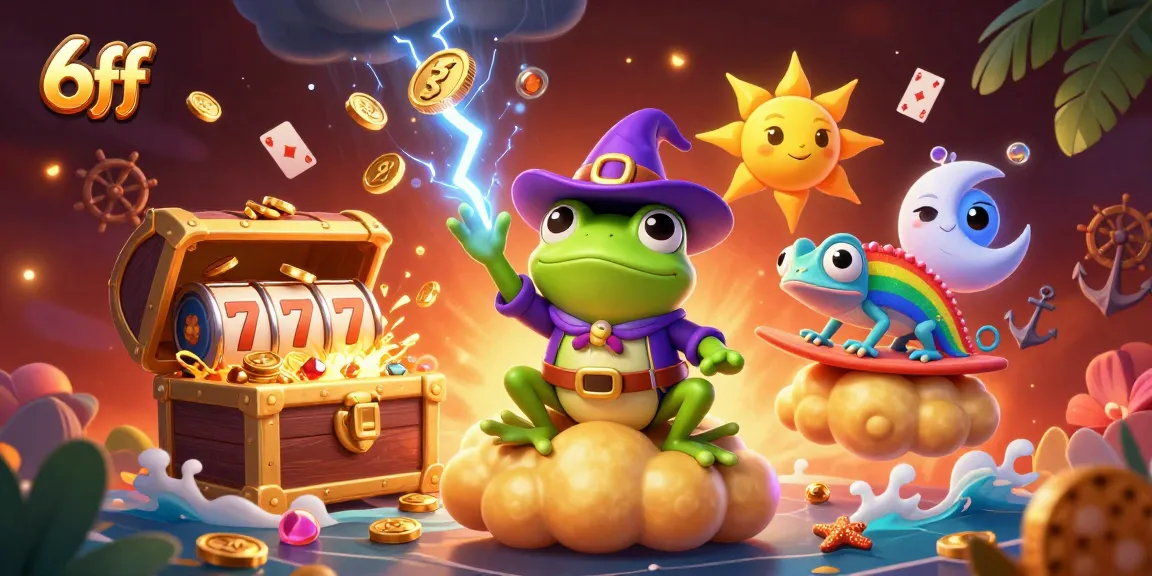 Spin the reels with 6ff in an engaging 3D casino scene featuring a wizard frog and golden treasures.